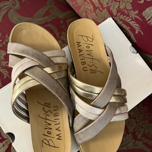 Blowfish Tan and Gold Criss-Cross Sandals